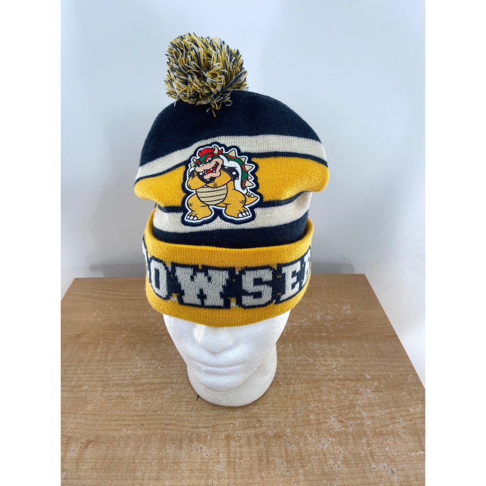 Nintendo Super Mario Bowser Beanie Hat Yellow Black Striped Pom Winter Cap
